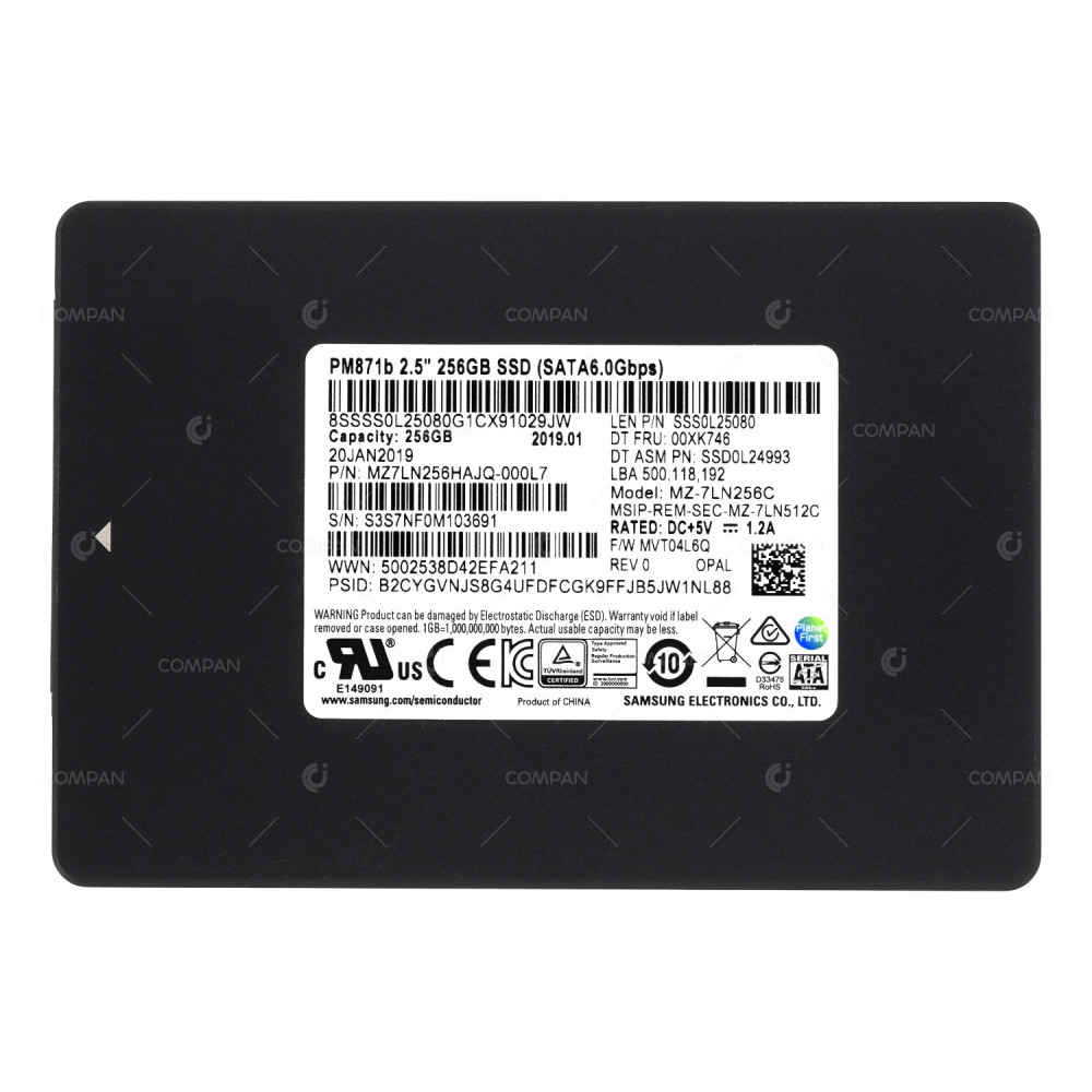 00XK746 LENOVO 256GB 2.5 SFF 6G SATA SSD DRIVE PM871B, 20JAN2019, MZ-7LN512C